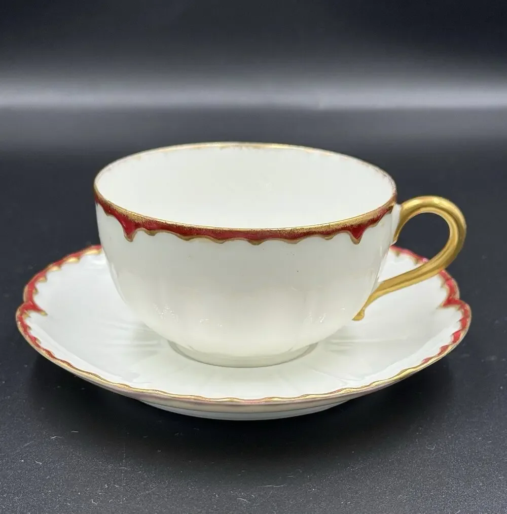Haviland Limoges France Teacup & Saucer Crimson Red Gold Missouri Glass c1900’s